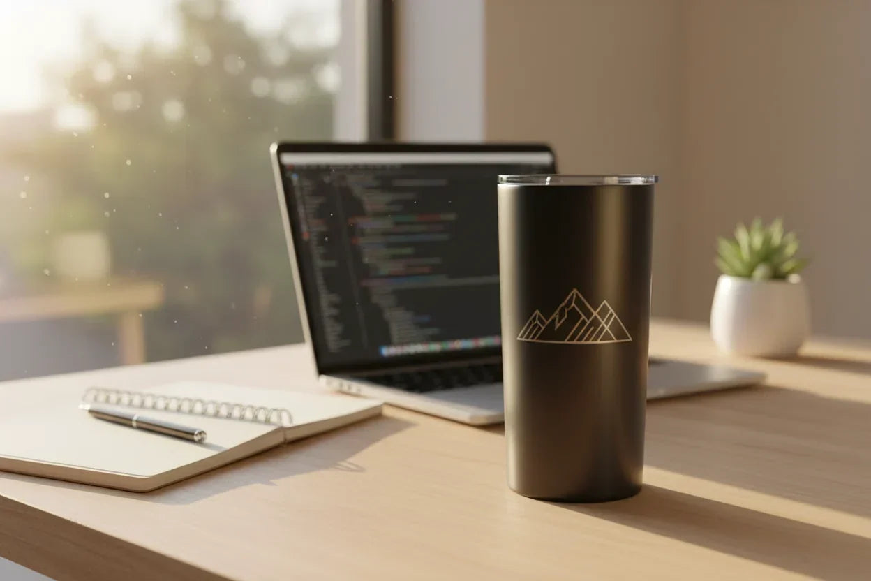 Laser-engraved custom tumbler on a desk in a morning daily routine setting