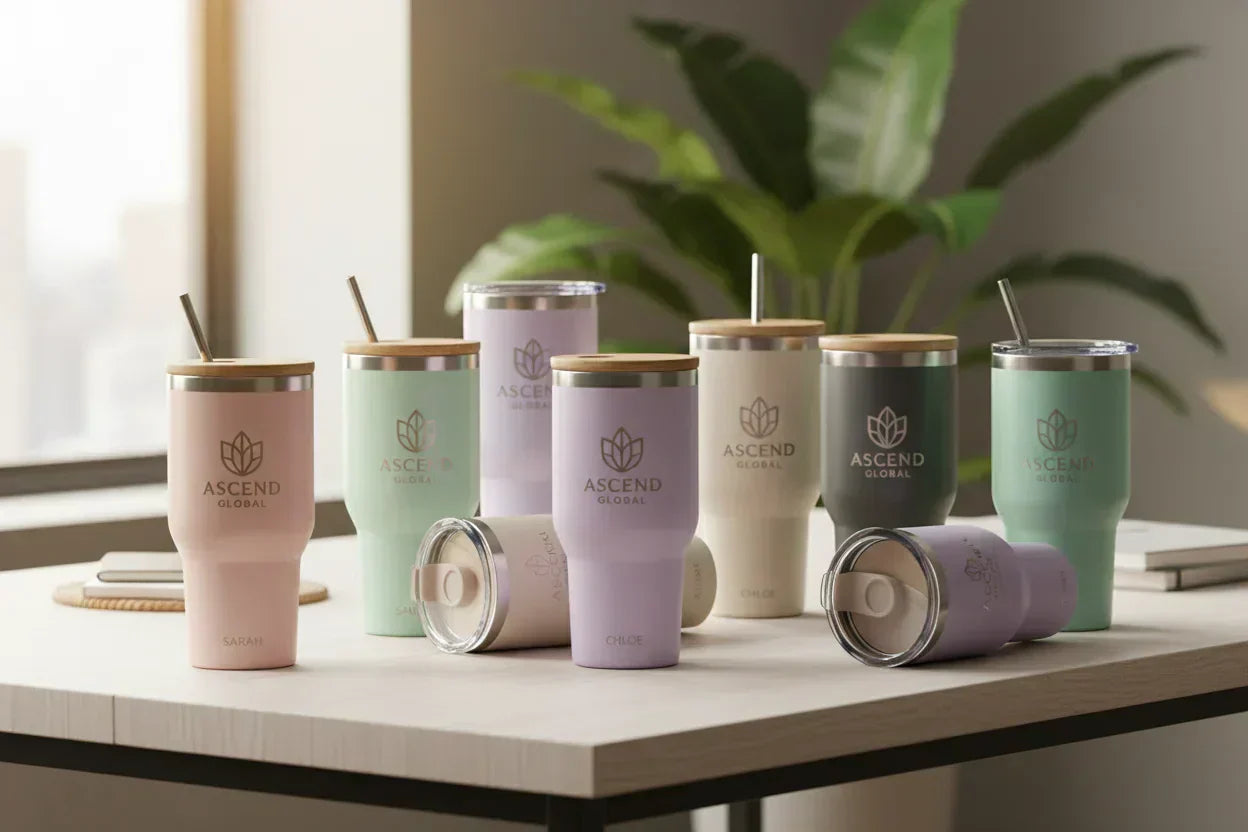 Custom branded insulated tumblers for corporate gifting and team swag by Unigrn