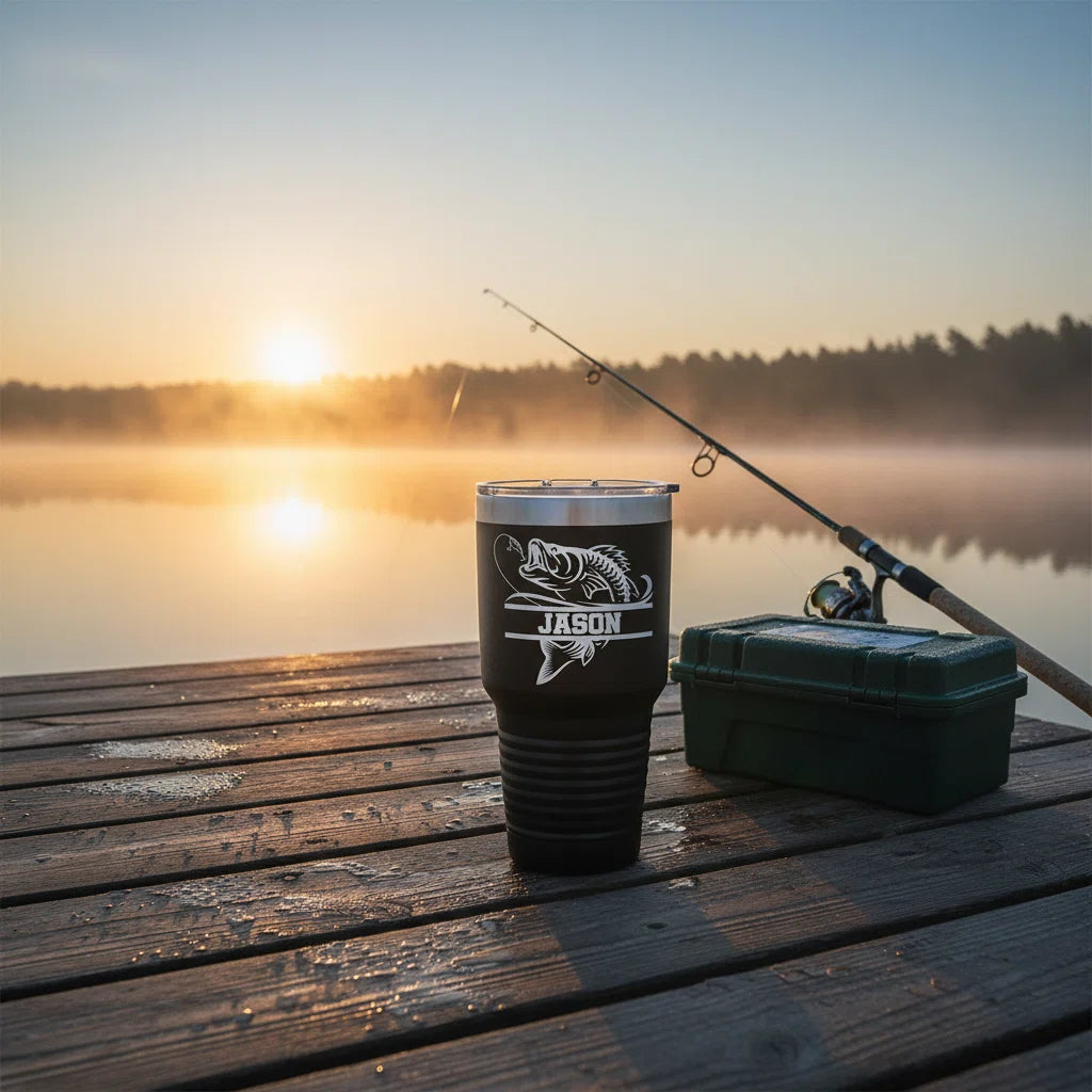 Bass Fishing Tumbler | Laser Engraved 30oz Insulated Stainless Steel Travel Mug | Fishing Gift