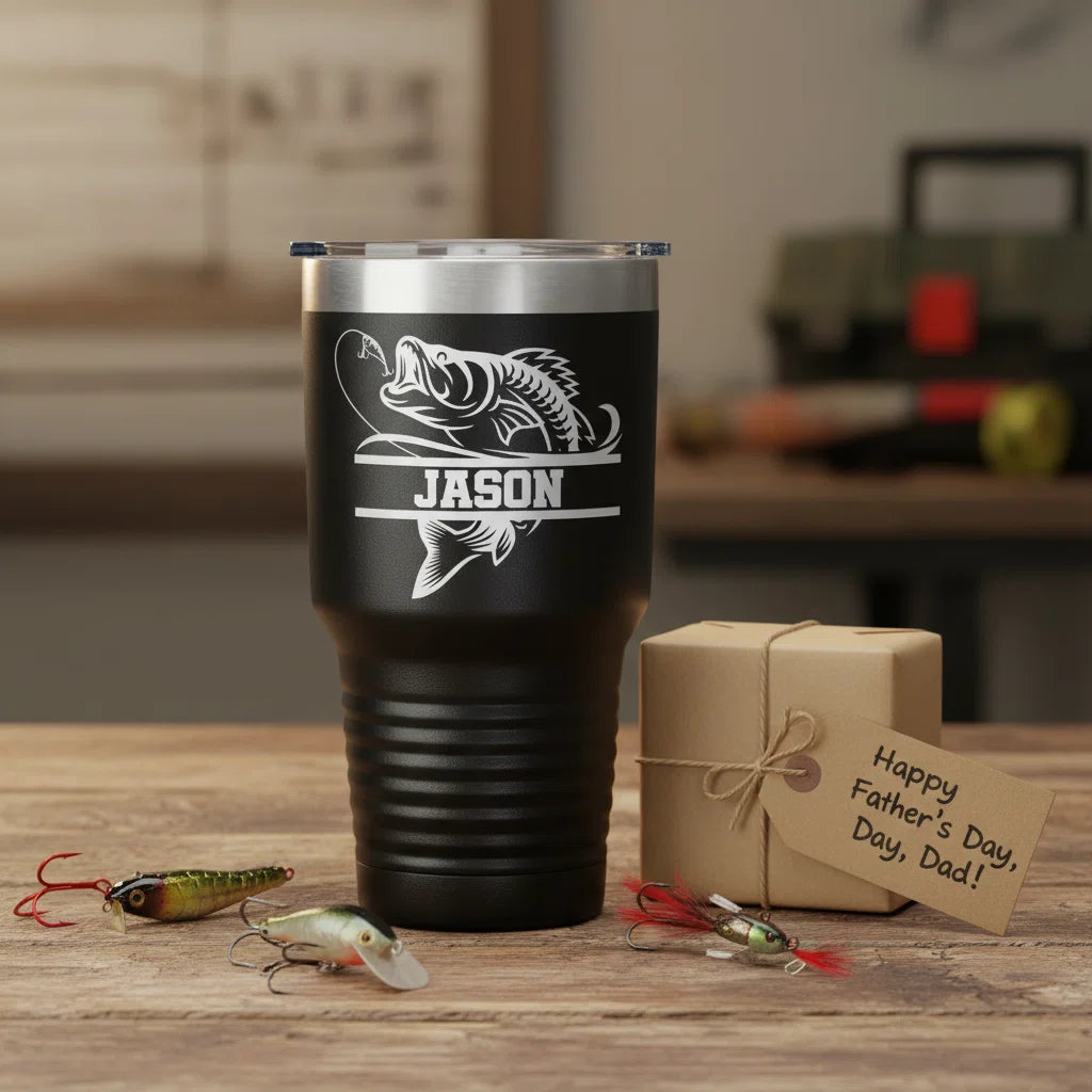 Bass Fishing Tumbler | Laser Engraved 30oz Insulated Stainless Steel Travel Mug | Fishing Gift