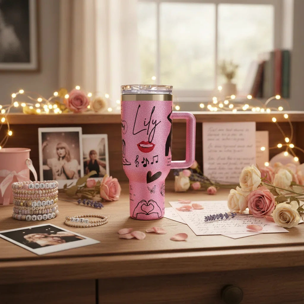 40oz Custom Handle Tumbler — Personalized Pink Glitter