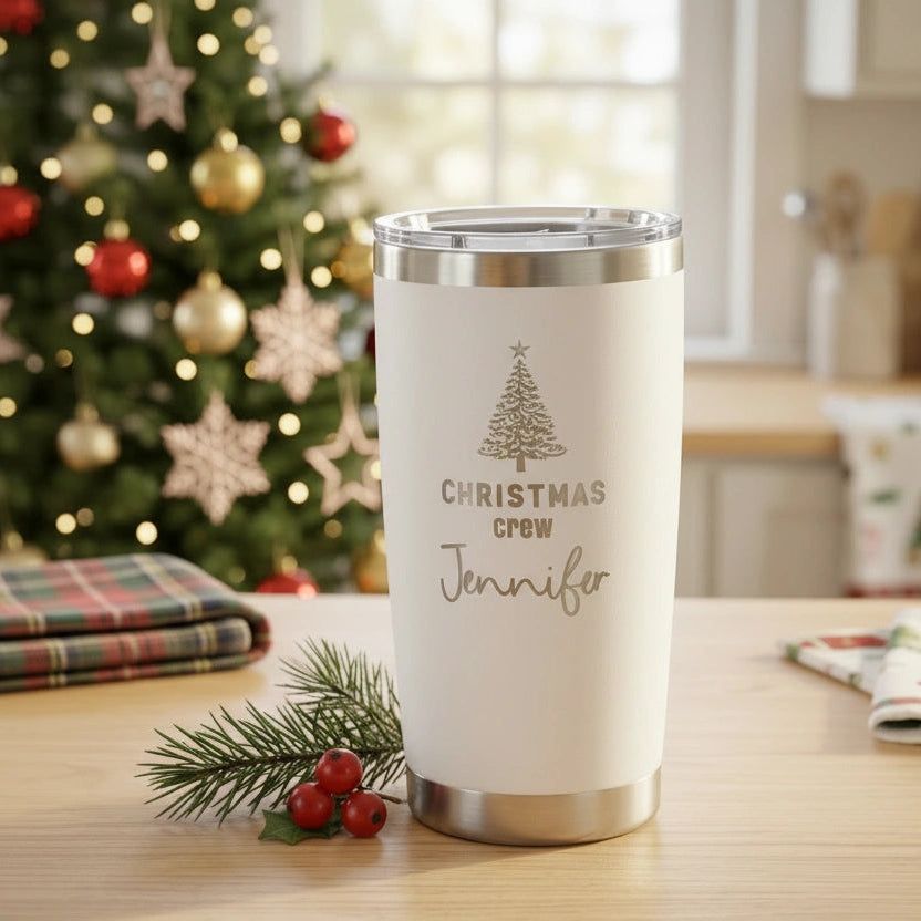 Personalized Christmas Crew Tumbler with Name | 20oz Laser Engraved Holiday Gift