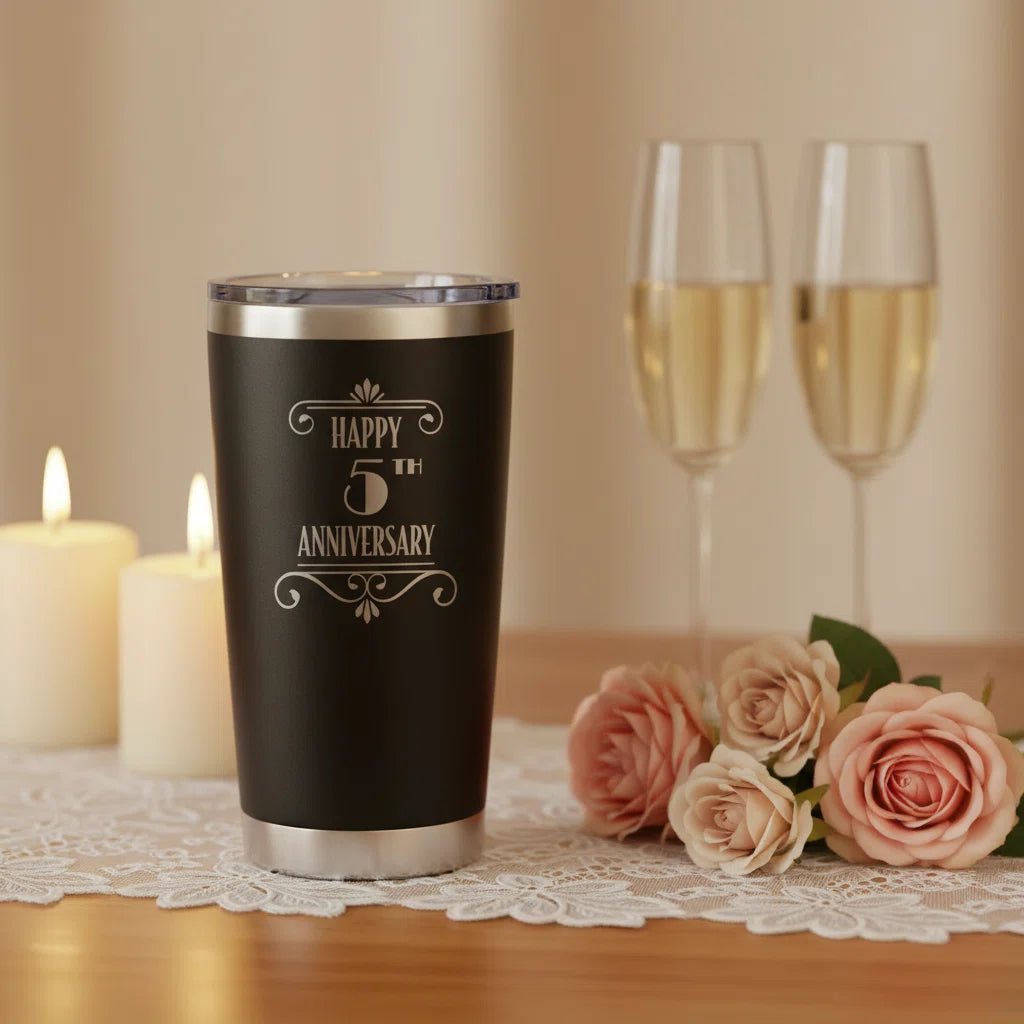 5th Anniversary Tumbler: Art Deco Stainless Steel, 20oz