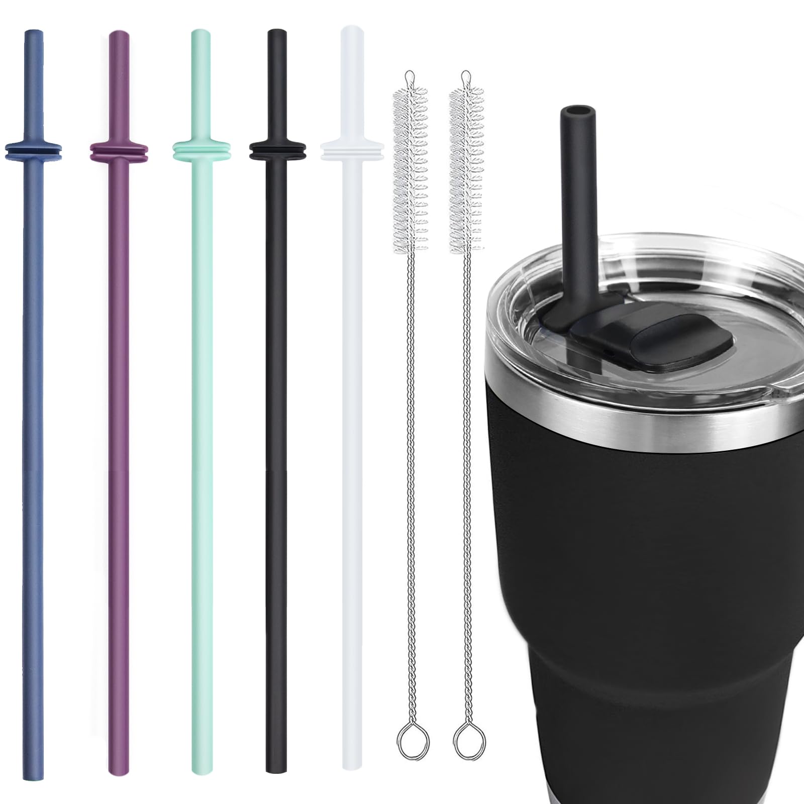Silicone Straws for Rambler (2-Pack + Cleaning Brush) | Fits 20oz & 30oz Tumbler