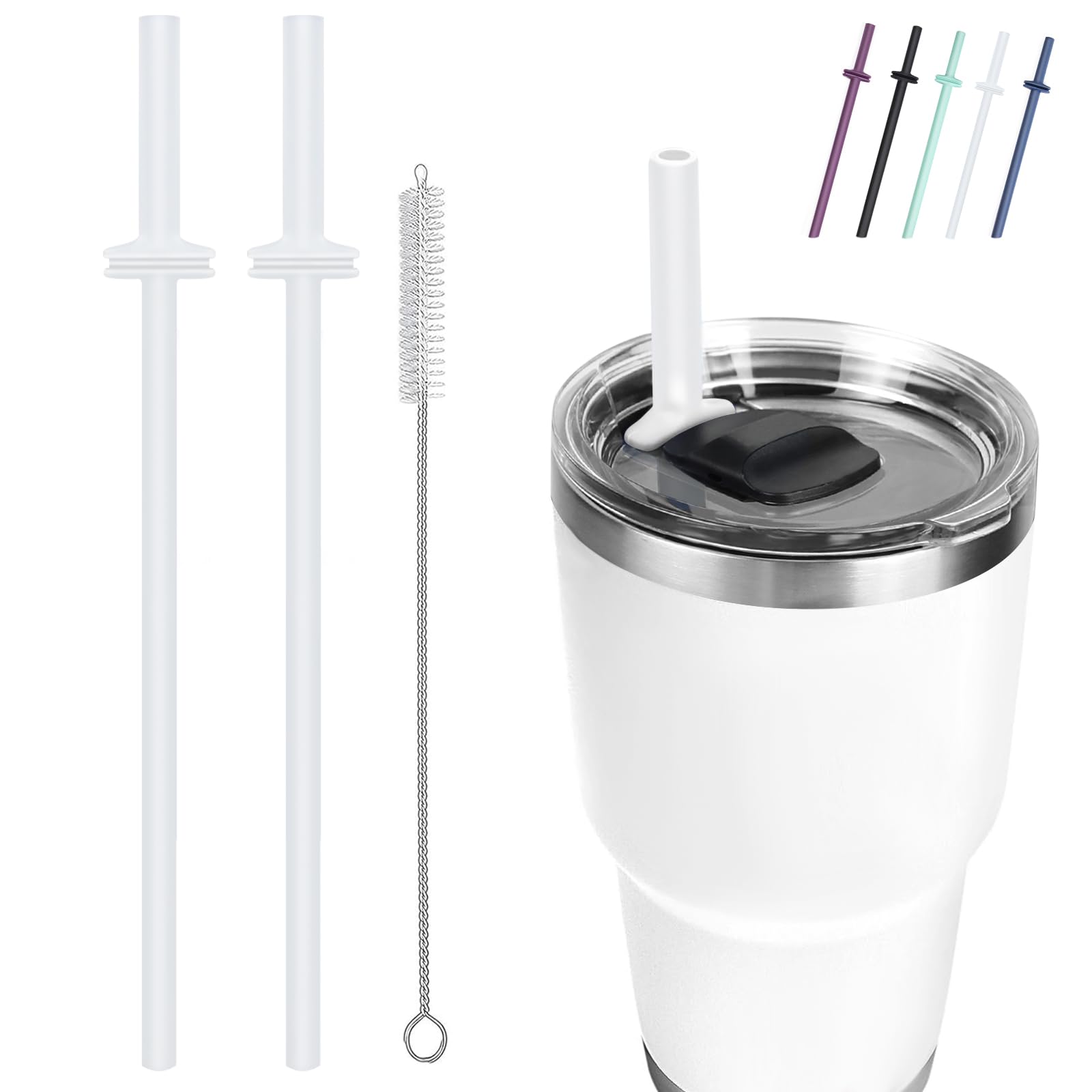 Silicone Straws for Rambler (2-Pack + Cleaning Brush) | Fits 20oz & 30oz Tumbler