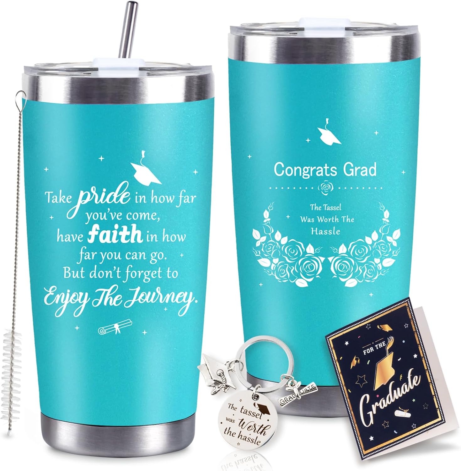 2026 Graduation Gift for Her Tumbler - 20 oz Blue Wine Tumbler Cup with Lid,Straw,Brush, Keychain and Card Set with Gift Box for Nursing High School College Female Graduates