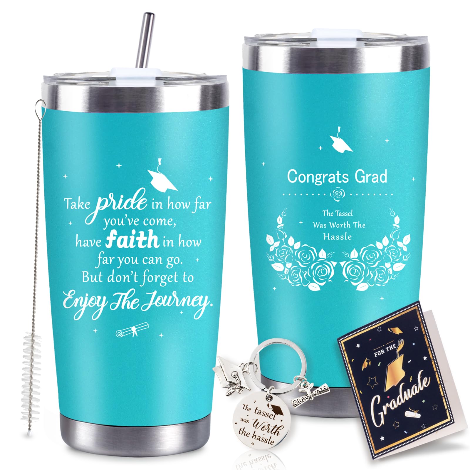 2026 Graduation Gift for Her Tumbler - 20 oz Blue Wine Tumbler Cup with Lid,Straw,Brush, Keychain and Card Set with Gift Box for Nursing High School College Female Graduates