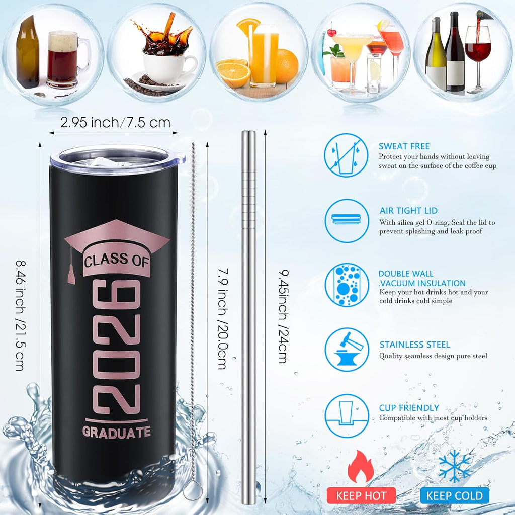 Class of 2026 Graduation Tumbler | 20oz Insulated Travel Mug with Straw, Lid & Brush