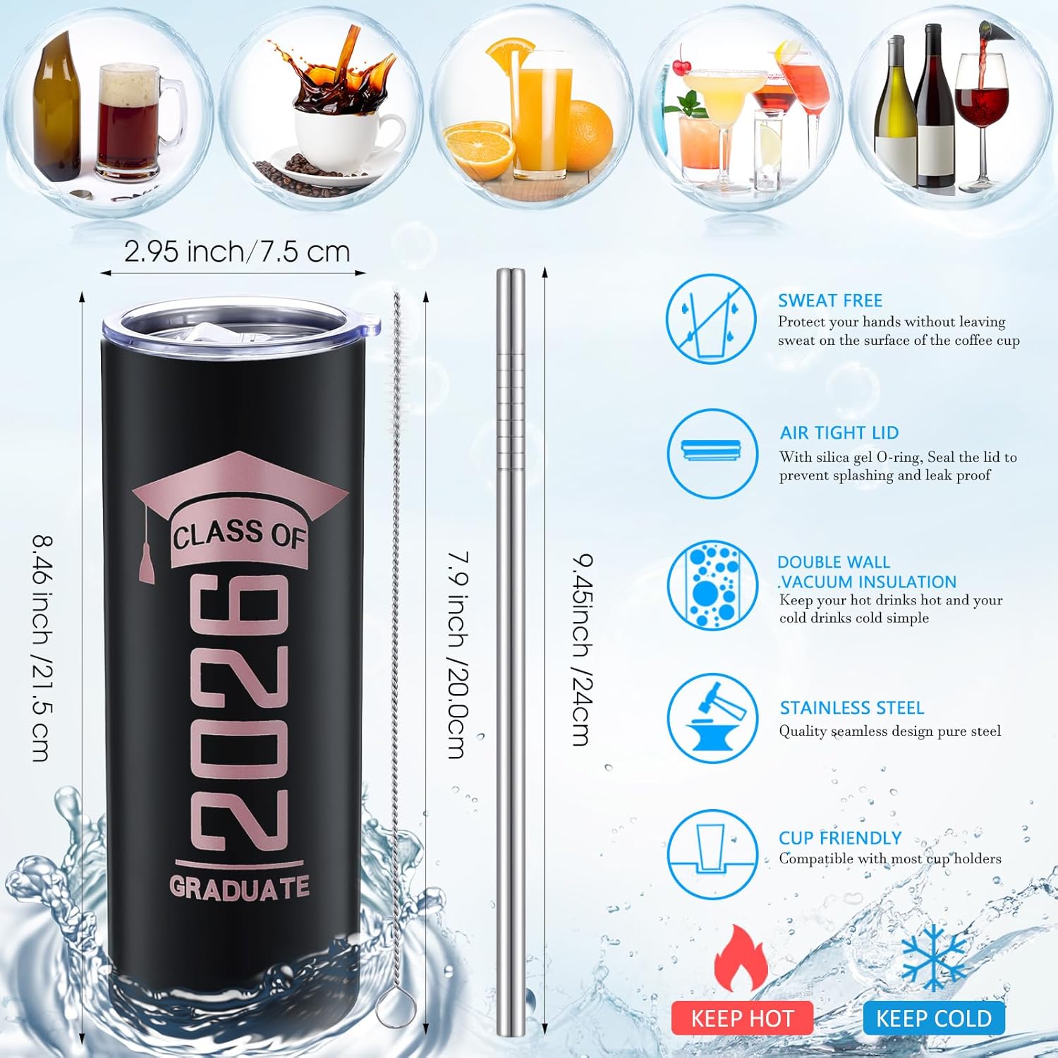 Class of 2026 Graduation Tumbler | 20oz Insulated Travel Mug with Straw, Lid & Brush