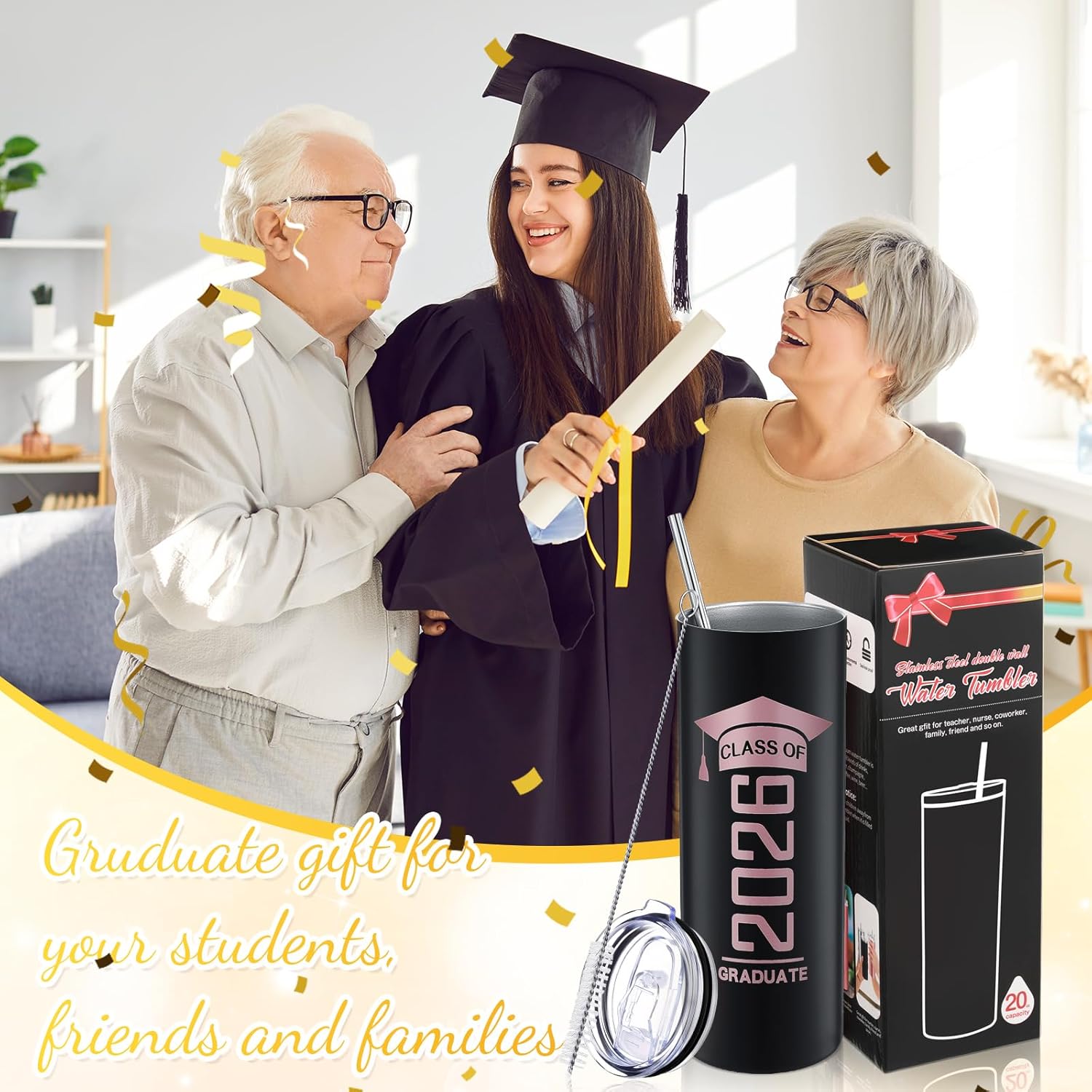 Class of 2026 Graduation Tumbler | 20oz Insulated Travel Mug with Straw, Lid & Brush