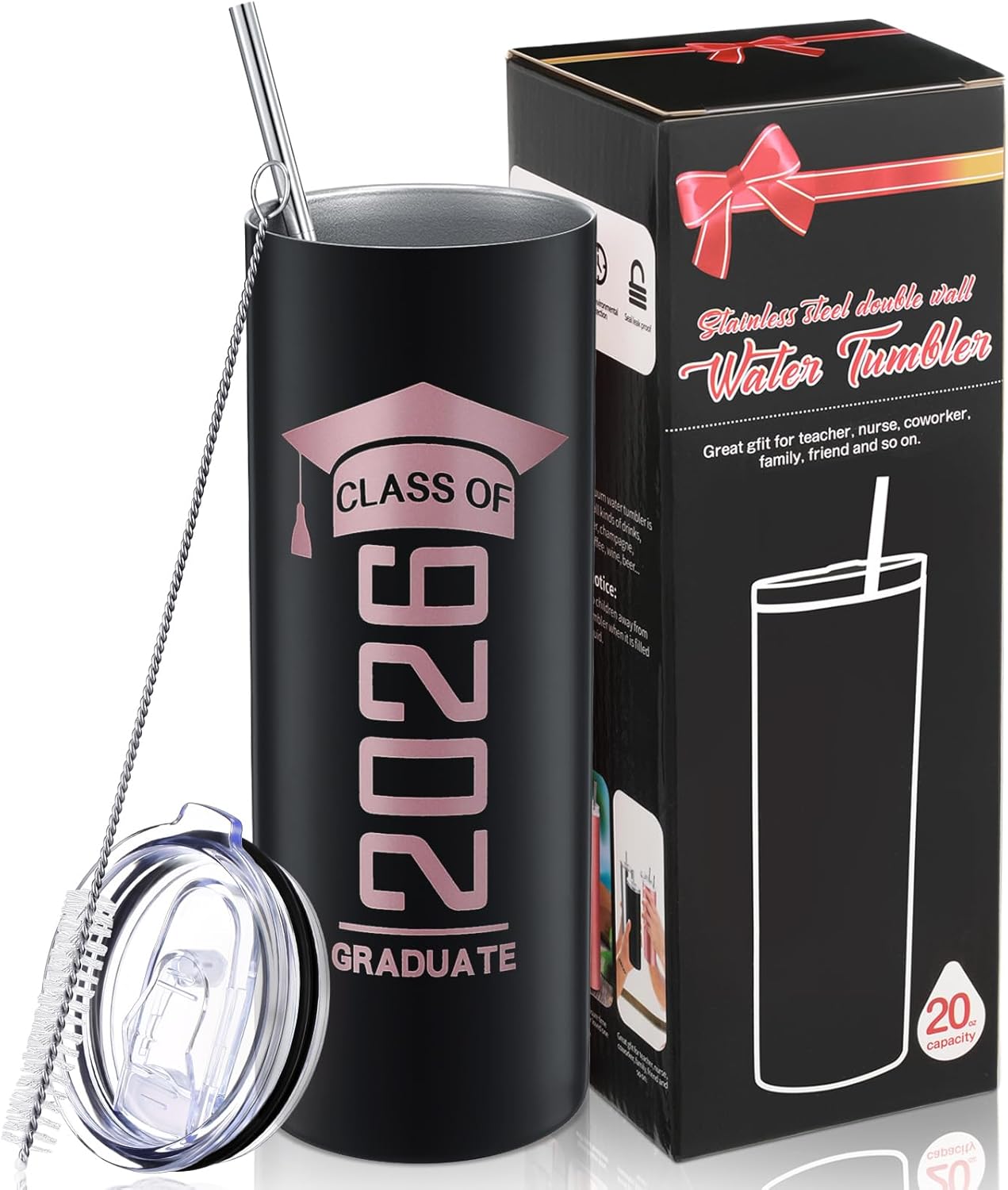 Class of 2026 Graduation Tumbler | 20oz Insulated Travel Mug with Straw, Lid & Brush