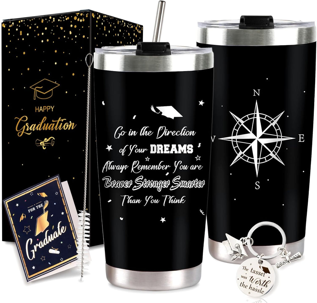2026 Graduation Gift for Him Tumbler 20 oz Black Wine Tumbler Cup with Lid,Straw,Brush, Keychain and Card Set with Gift Box for High School College Male Graduates