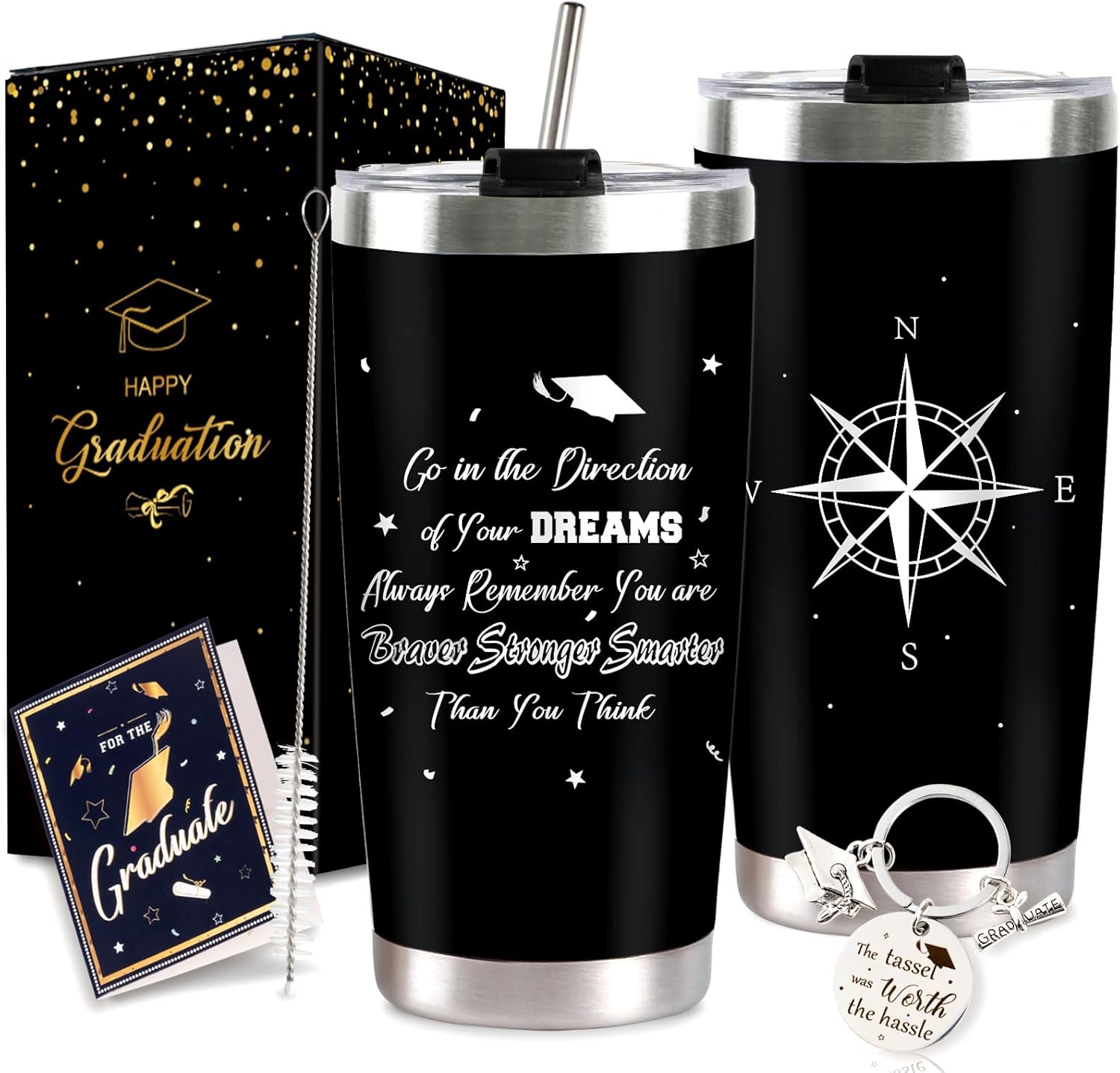 2026 Graduation Gift for Him Tumbler 20 oz Black Wine Tumbler Cup with Lid,Straw,Brush, Keychain and Card Set with Gift Box for High School College Male Graduates