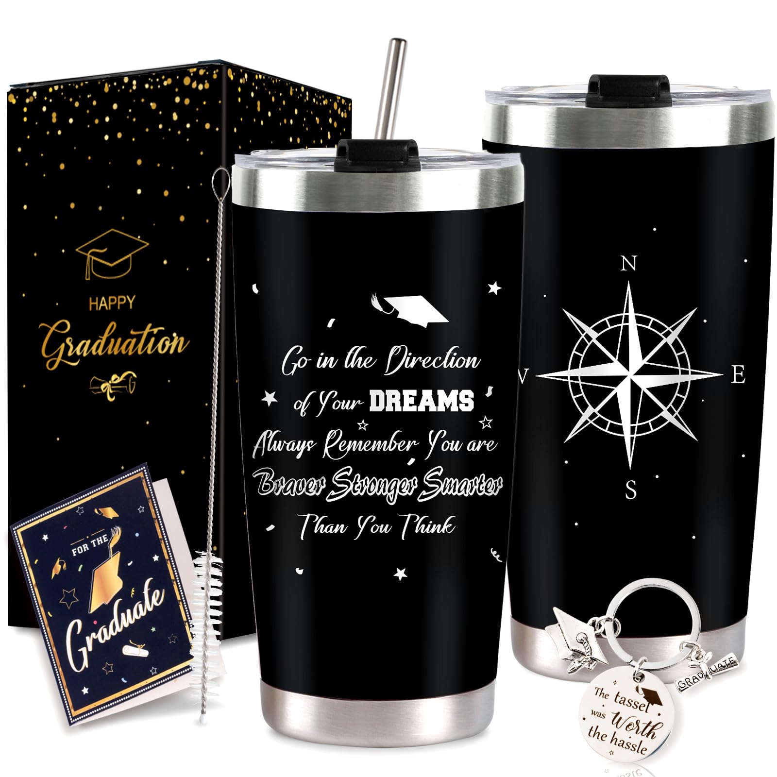 2026 Graduation Gift for Her Tumbler - 20 oz Blue Wine Tumbler Cup with Lid,Straw,Brush, Keychain and Card Set with Gift Box for Nursing High School College Female Graduates
