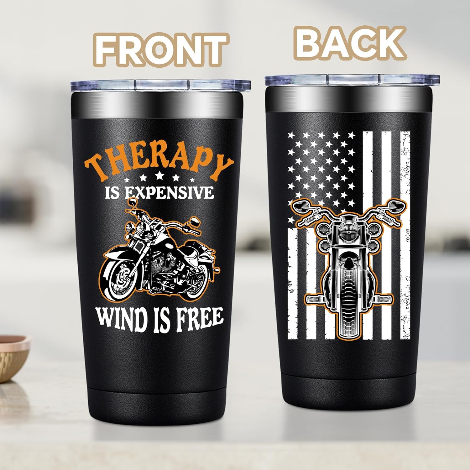 20oz Motorcycle Tumbler – "Therapy Is Expensive, Wind Is Free" Gift for Men
