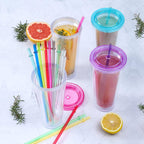 24-Pack Reusable Hard Plastic Straws | 10.5" Long | 12 Colors | BPA-Free with Cleaning Brushes