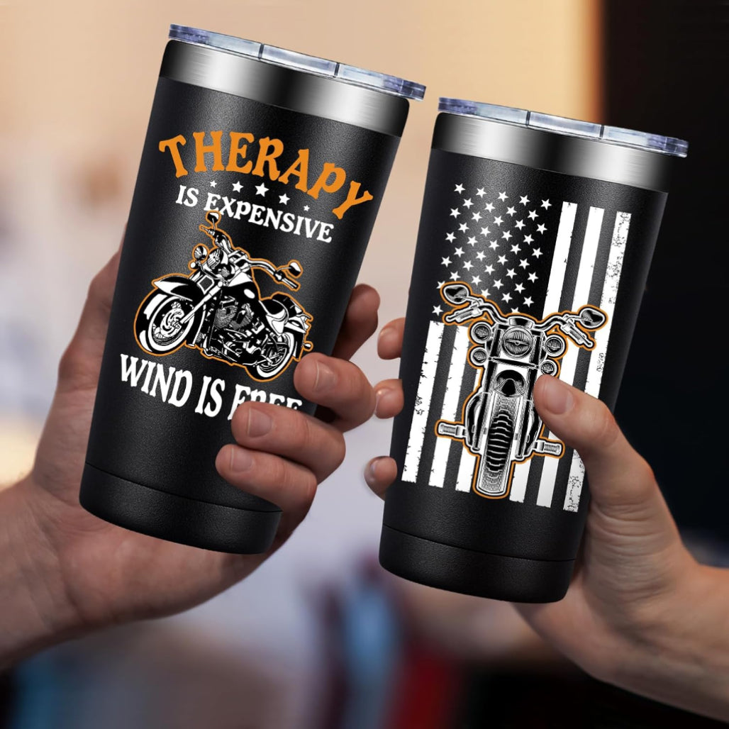 20oz Motorcycle Tumbler – "Therapy Is Expensive, Wind Is Free" Gift for Men