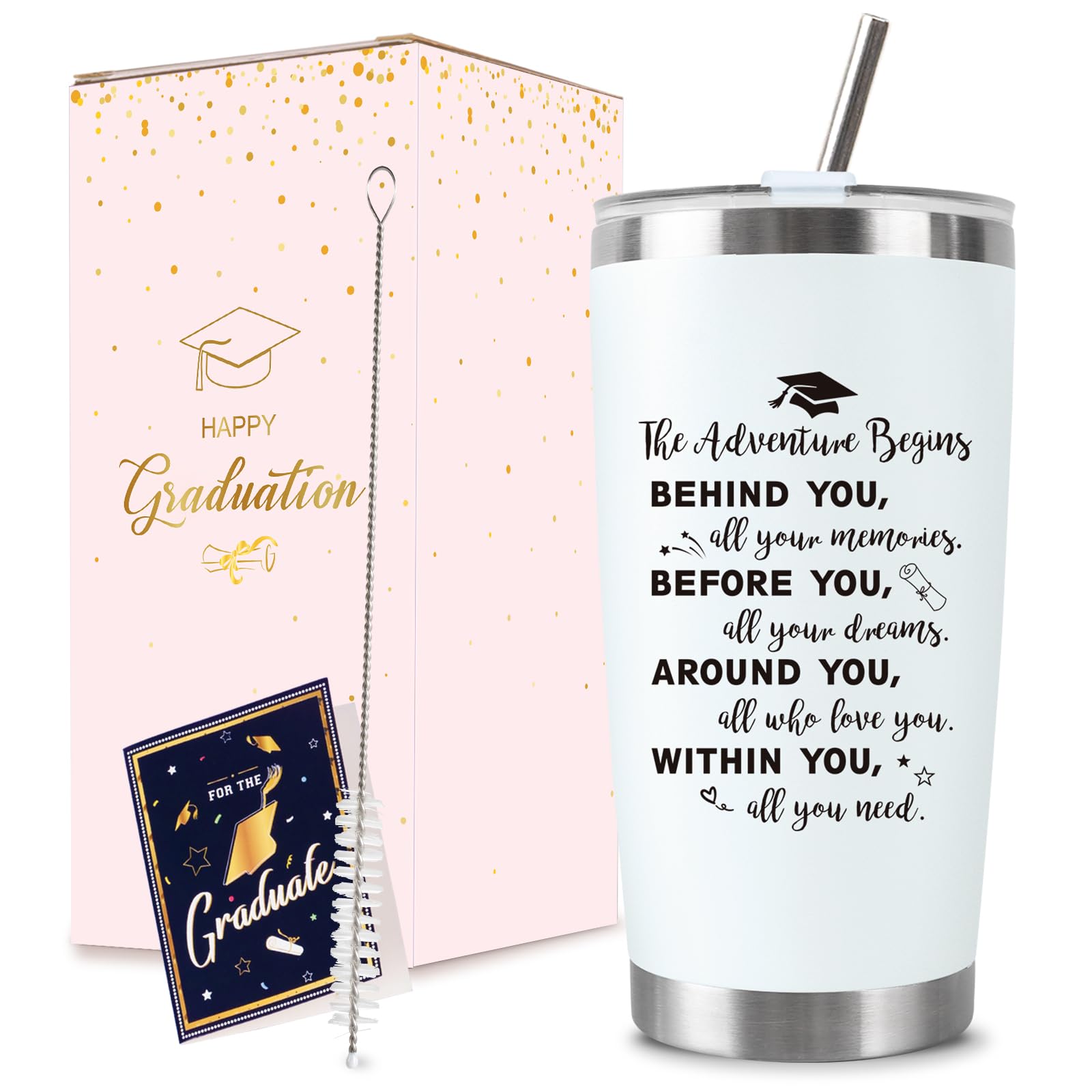 2026 Graduation Gift for Her Tumbler - 20 oz Blue Wine Tumbler Cup with Lid,Straw,Brush, Keychain and Card Set with Gift Box for Nursing High School College Female Graduates