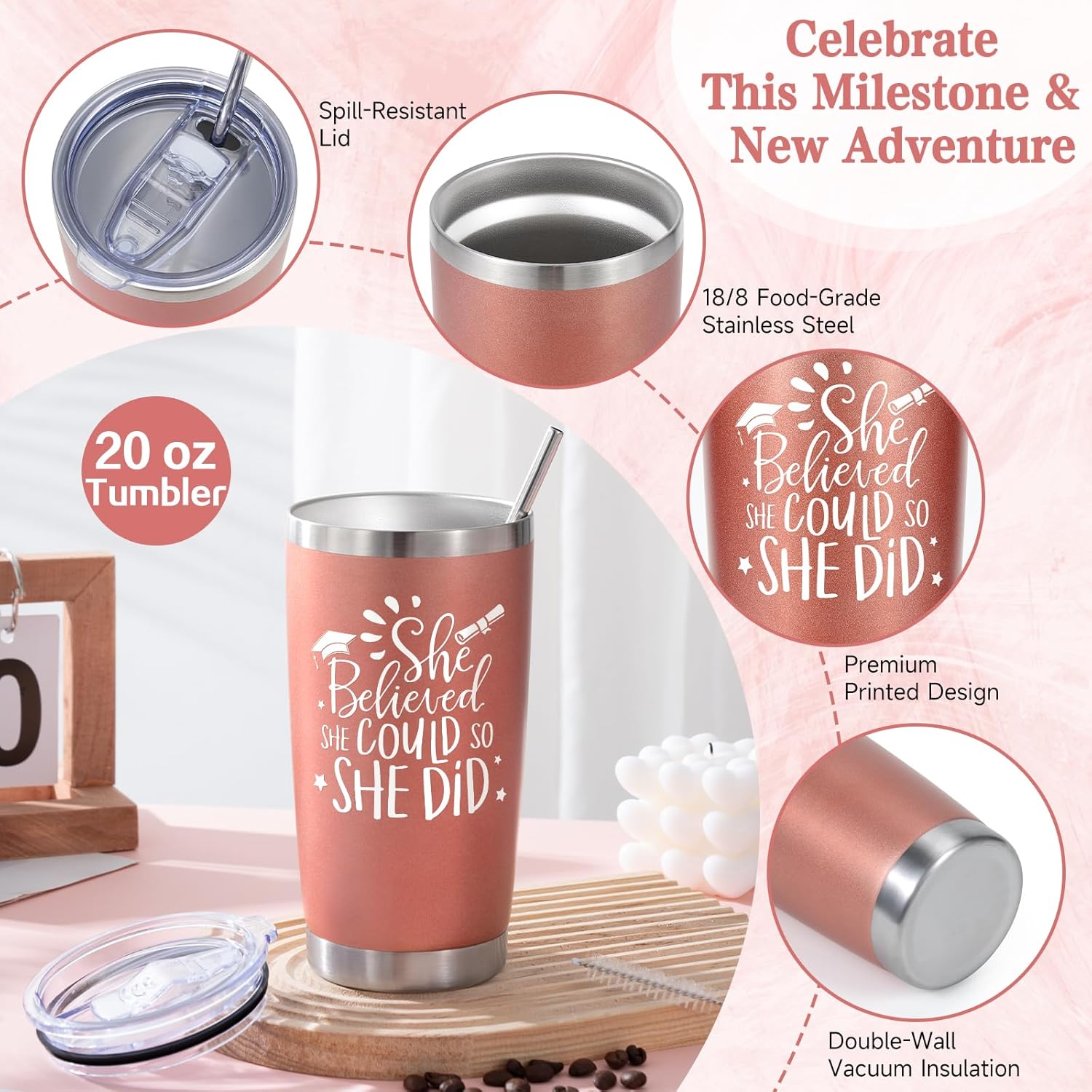 Graduation Gift for Her 2026 — 20oz Tumbler Gift Set with Lid, Straw & Box | Class of 2026