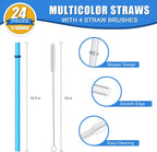 24-Pack Reusable Hard Plastic Straws | 10.5" Long | 12 Colors | BPA-Free with Cleaning Brushes