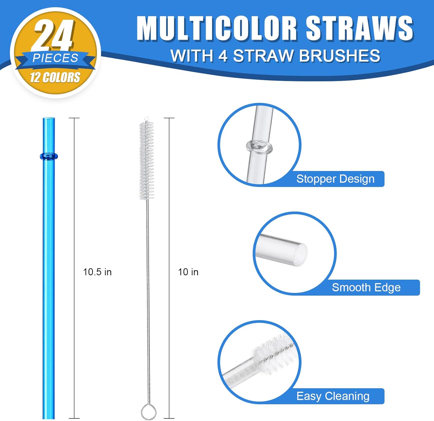 24-Pack Reusable Hard Plastic Straws | 10.5" Long | 12 Colors | BPA-Free with Cleaning Brushes