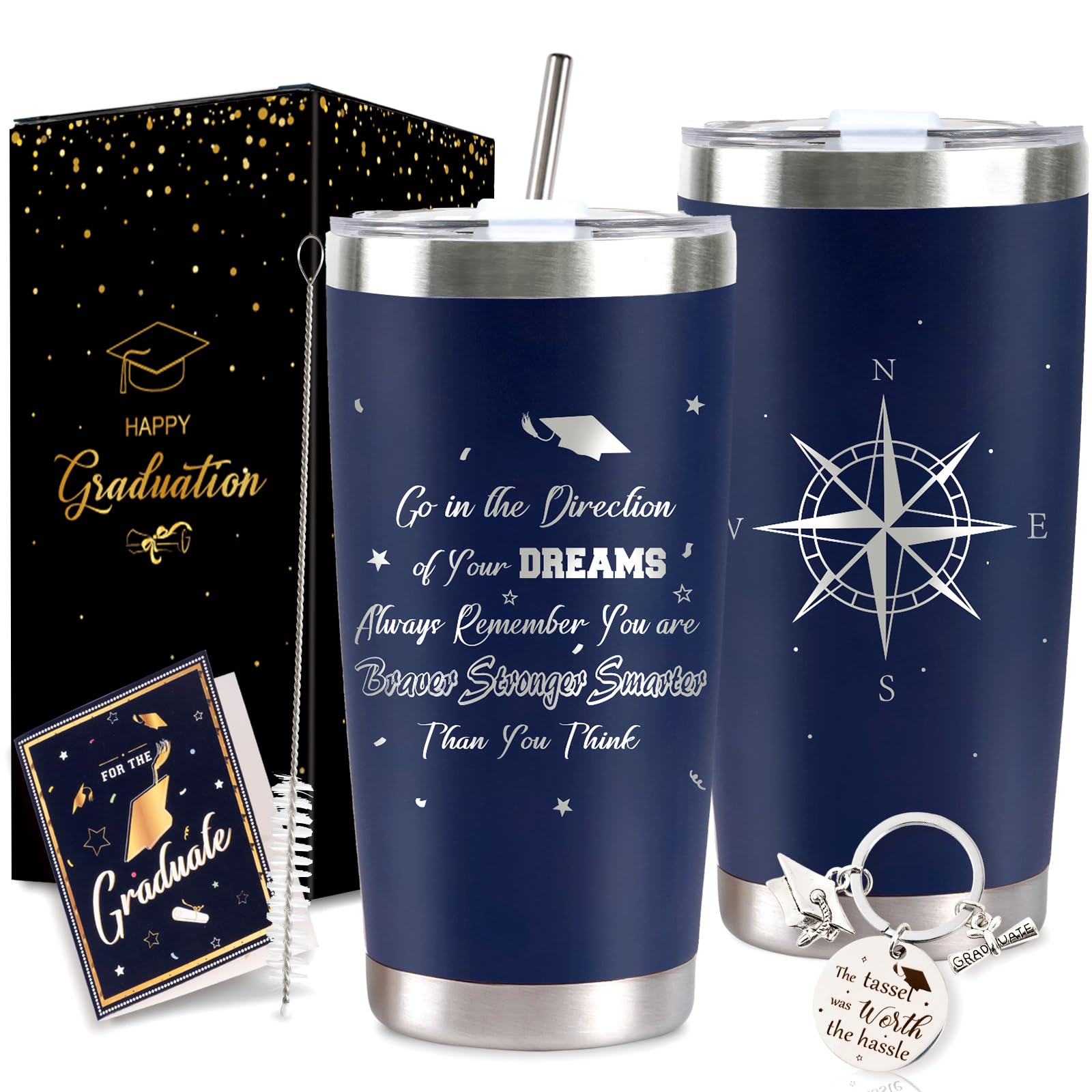 2026 Graduation Gift for Her Tumbler - 20 oz Blue Wine Tumbler Cup with Lid,Straw,Brush, Keychain and Card Set with Gift Box for Nursing High School College Female Graduates
