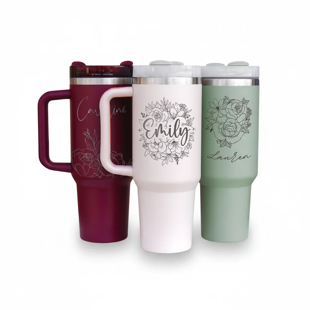 Personalized 40oz Insulated Tumbler | Laser Engraved | Handle & Straw Included