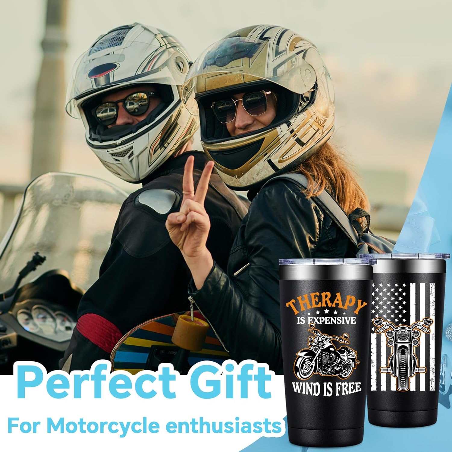 20oz Motorcycle Tumbler – "Therapy Is Expensive, Wind Is Free" Gift for Men