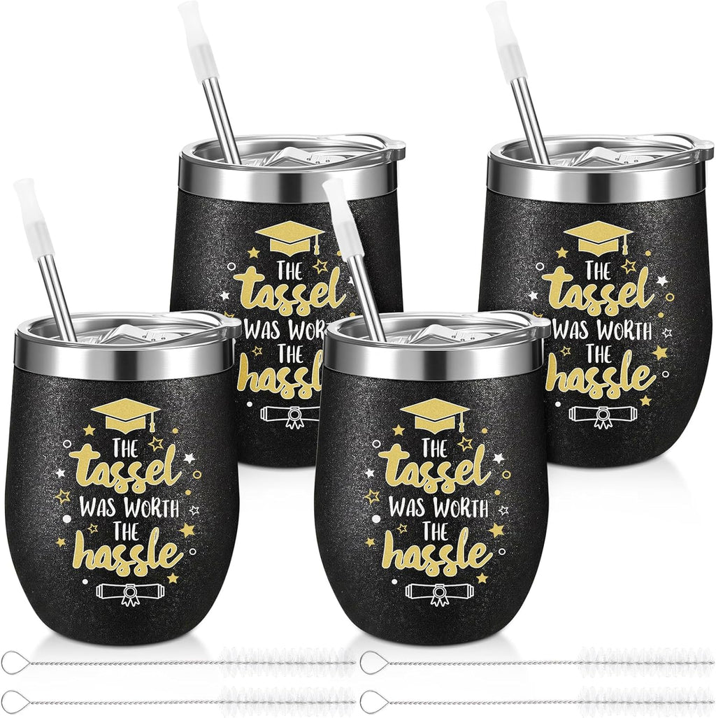 Sliner 4 Pack 2026 Graduation Cups with Lids and Straws, 12 oz Class Stemless Wine Tumblers, Black Gold Reusable Cup Gift Set for Graduation Party Favors, Students, Friends, Family