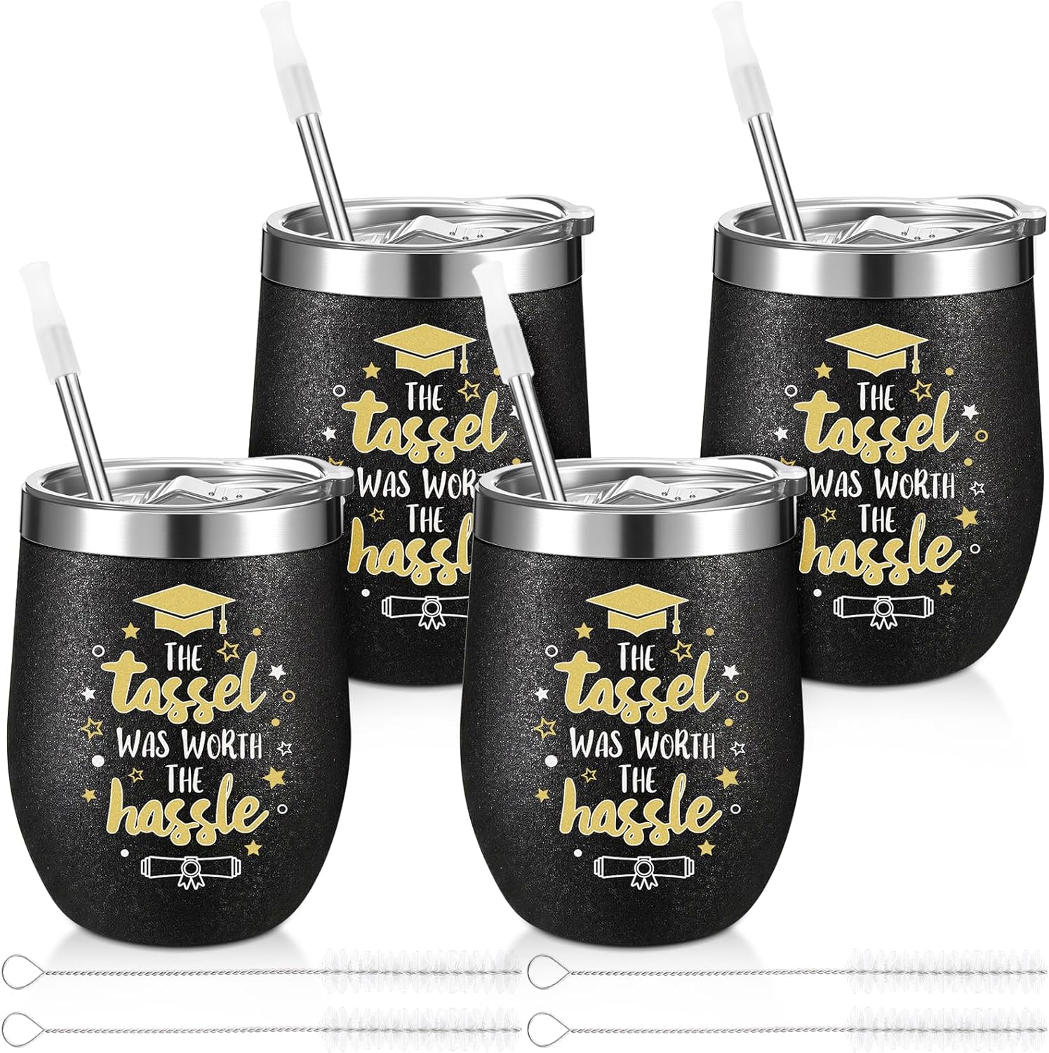 Sliner 4 Pack 2026 Graduation Cups with Lids and Straws, 12 oz Class Stemless Wine Tumblers, Black Gold Reusable Cup Gift Set for Graduation Party Favors, Students, Friends, Family