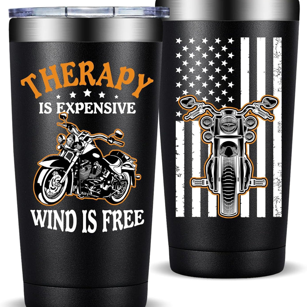 20oz Motorcycle Tumbler – "Therapy Is Expensive, Wind Is Free" Gift for Men
