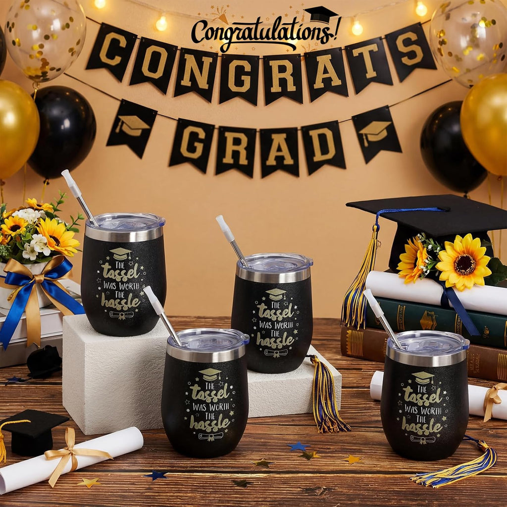 Sliner 4 Pack 2026 Graduation Cups with Lids and Straws, 12 oz Class Stemless Wine Tumblers, Black Gold Reusable Cup Gift Set for Graduation Party Favors, Students, Friends, Family