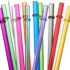 24-Pack Reusable Hard Plastic Straws | 10.5" Long | 12 Colors | BPA-Free with Cleaning Brushes
