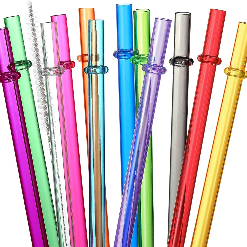24-Pack Reusable Hard Plastic Straws | 10.5" Long | 12 Colors | BPA-Free with Cleaning Brushes