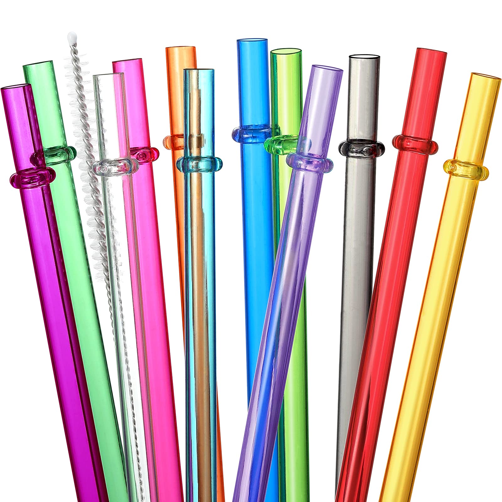 24-Pack Reusable Hard Plastic Straws | 10.5" Long | 12 Colors | BPA-Free with Cleaning Brushes