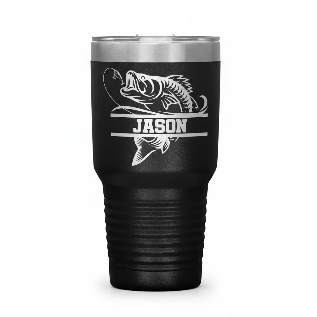 Bass Fishing Tumbler | Laser Engraved 30oz Insulated Stainless Steel Travel Mug | Fishing Gift