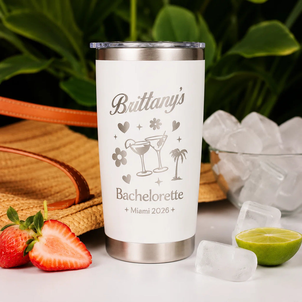 Personalized Girl's Trip Bachelorette Tumbler – Laser Engraved 20oz | Custom Name & Destination