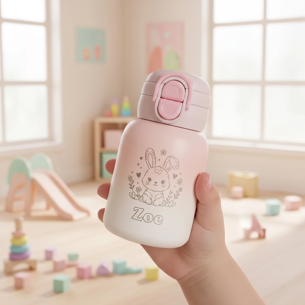 Personalized 17oz Kids Insulated Thermos | Custom Laser Engraved Name & Cute Bunny Design