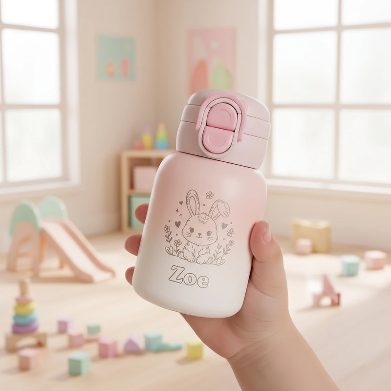 Personalized 17oz Kids Insulated Thermos | Custom Laser Engraved Name & Cute Bunny Design
