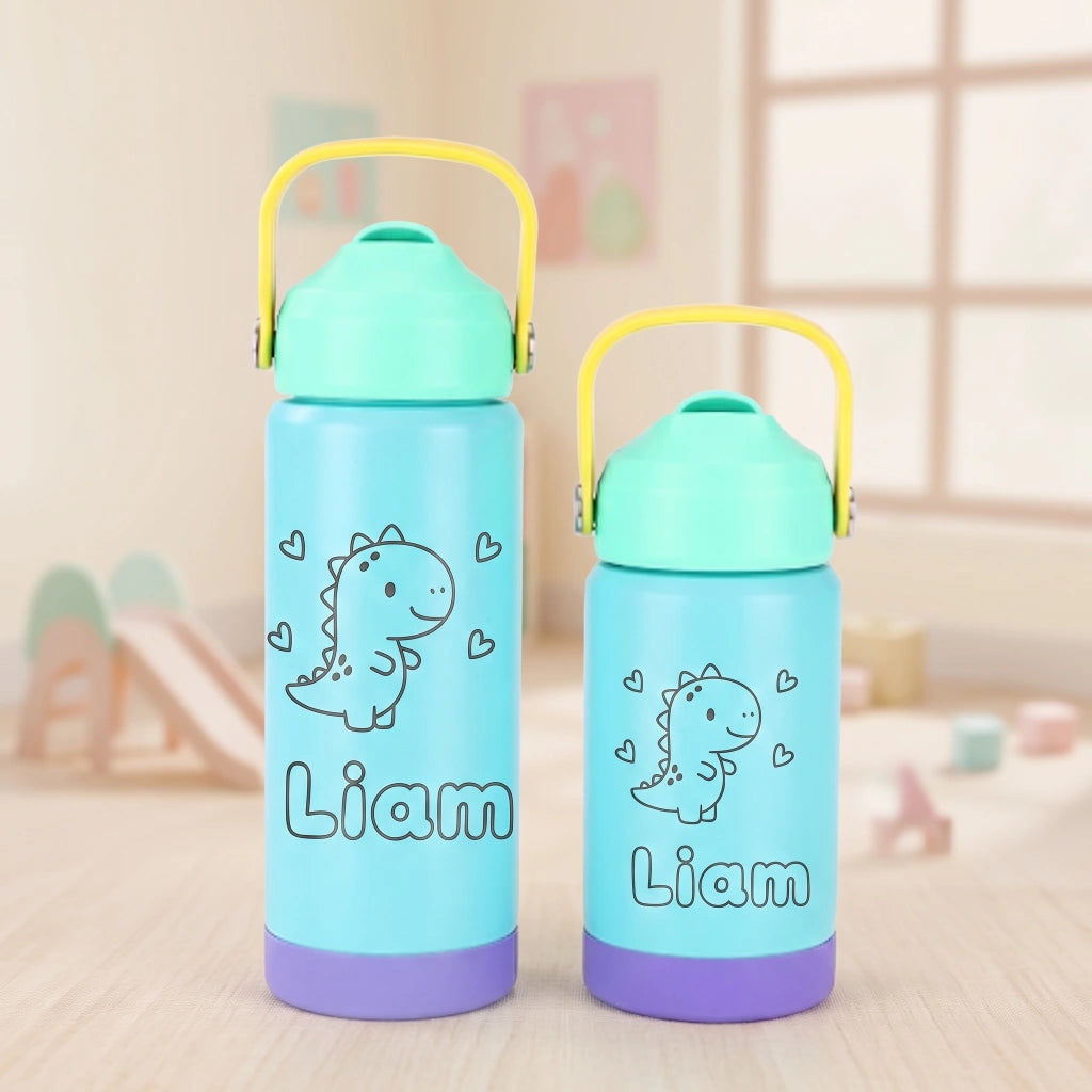 Personalized Kids Insulated Water Bottle with Straw | 12oz & 17oz | Custom Laser Engraved Name & Cute Dino Design
