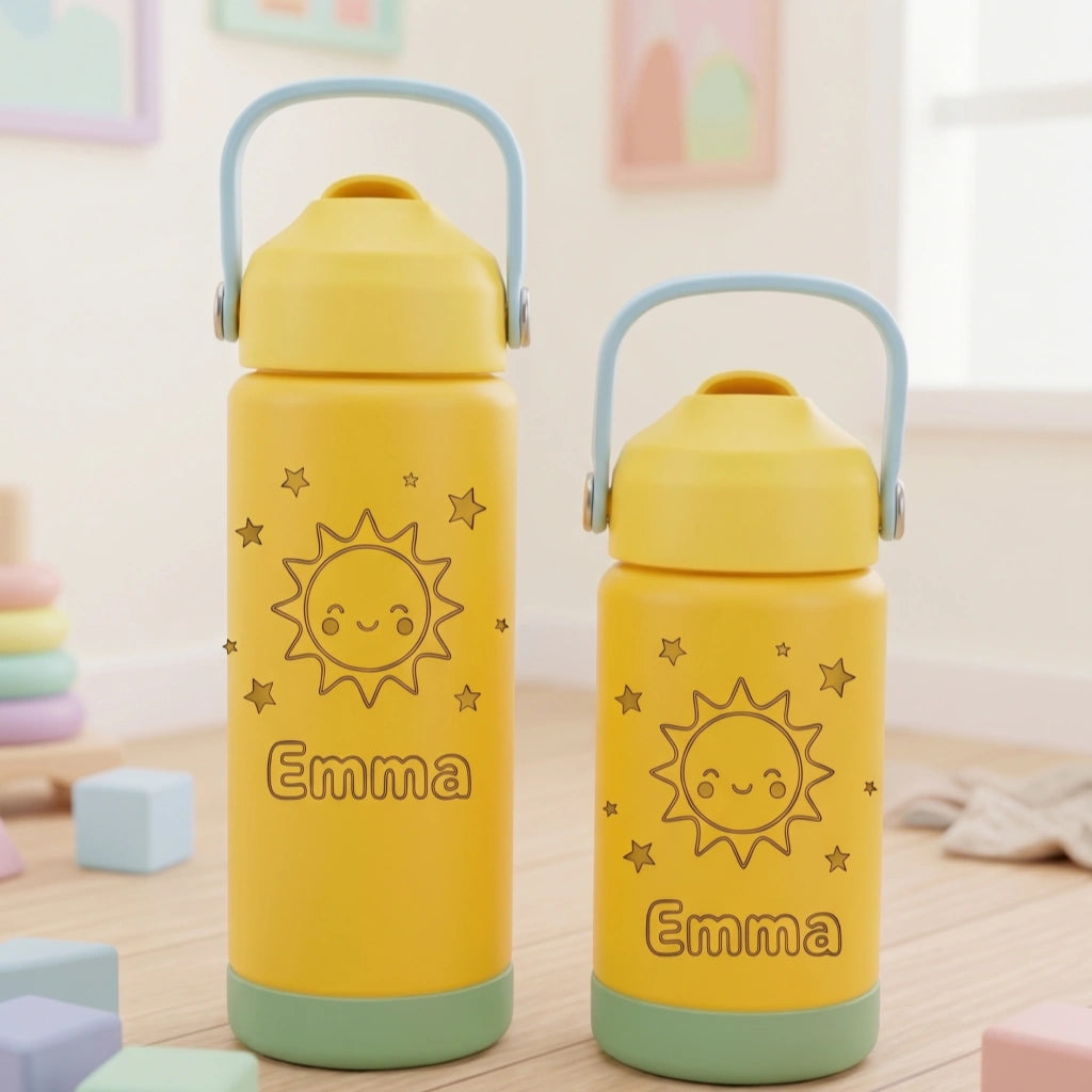 Personalized Kids Insulated Water Bottle with Straw | 12oz & 17oz | Custom Laser Engraved Name & Cute Sun Design