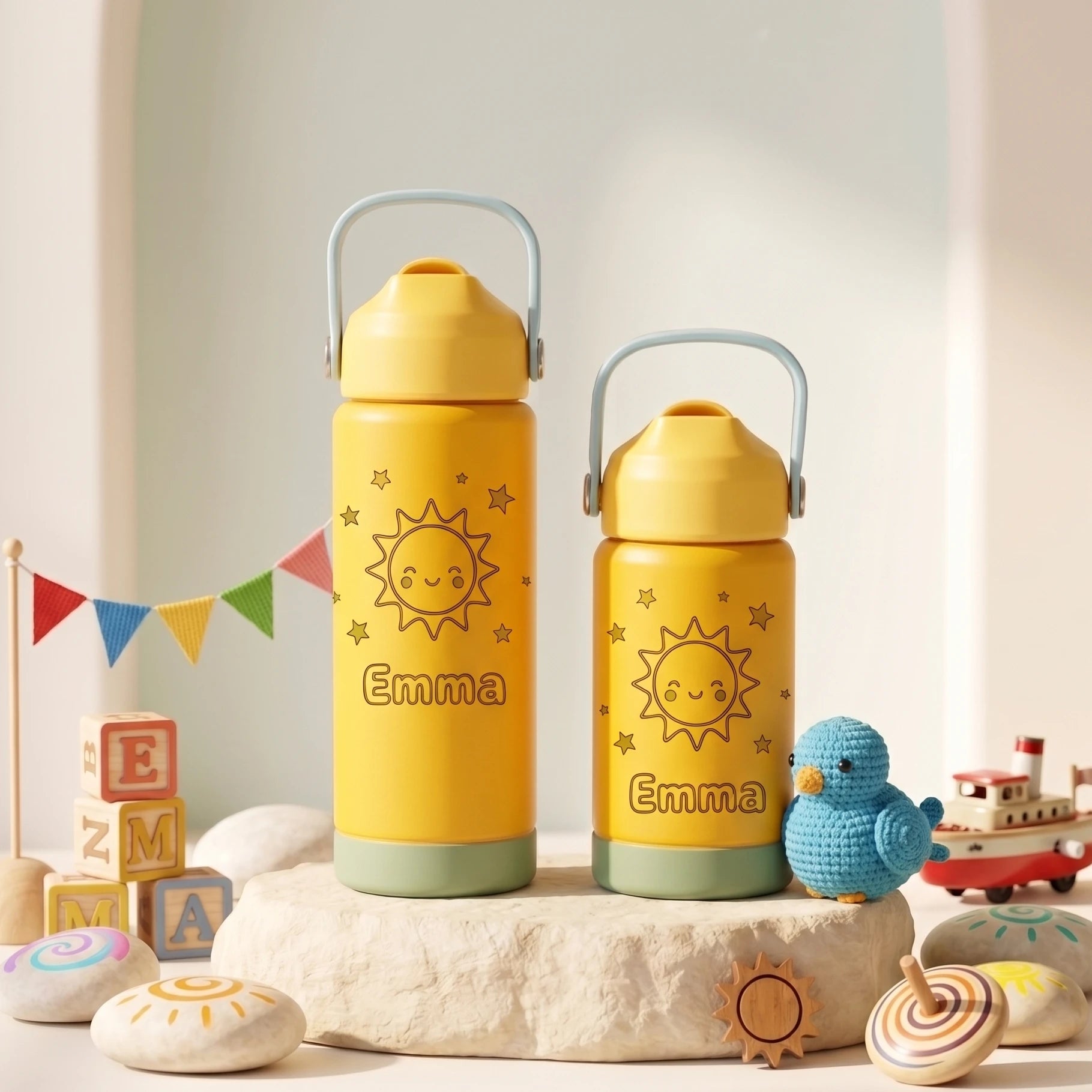 Personalized Kids Insulated Water Bottle with Straw | 12oz & 17oz | Custom Laser Engraved Name & Cute Sun Design