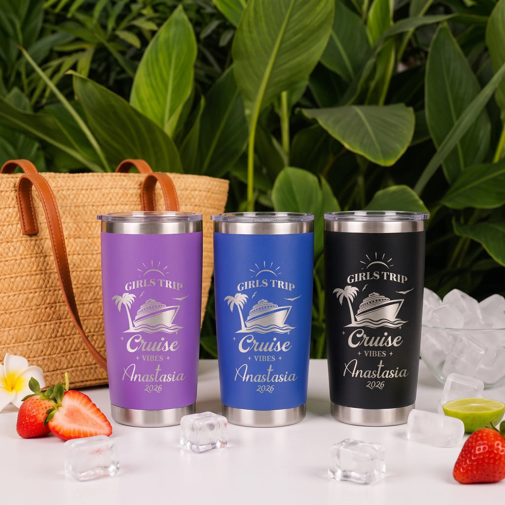 Girls Trip Cruise Vibes Tumbler  | Personalized 20oz Laser Engraved | Custom Name & Year