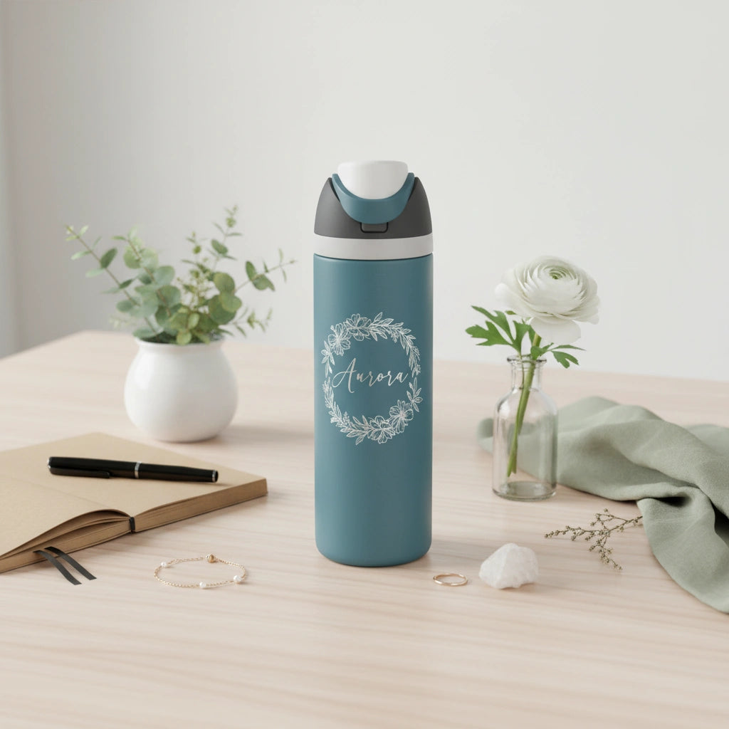 Personalized 32oz Floral Wreath Name Sport Water Bottle | Laser Engraved Custom Gift for Her