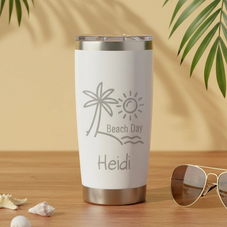 Personalized 20oz Beach Day Laser Engraved Tumbler | Custom Name Insulated Travel Mug