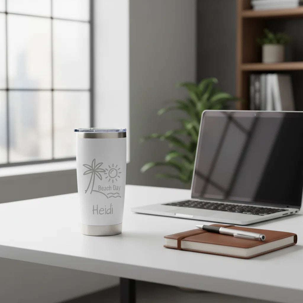 Personalized 20oz Beach Day Laser Engraved Tumbler | Custom Name Insulated Travel Mug