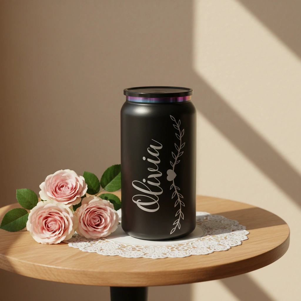Personalized Name Can Tumbler 16oz | Vine & Heart Laser Engraved | Iridescent Lid Gift for Her
