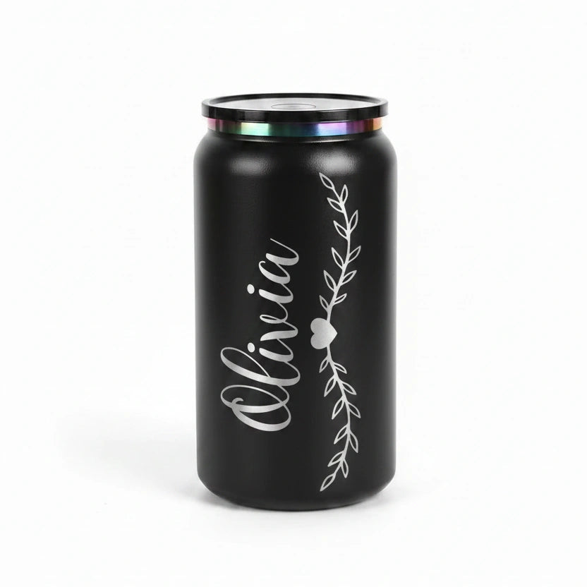 Personalized Name Can Tumbler 16oz | Vine & Heart Laser Engraved | Iridescent Lid Gift for Her