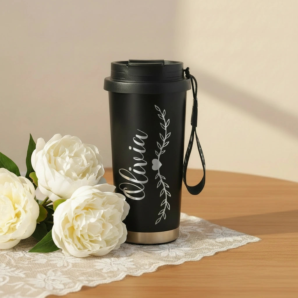 Personalized Vine & Heart Name Coffee Tumbler 17oz | Laser Engraved | Wrist Strap | Custom Gift for Her