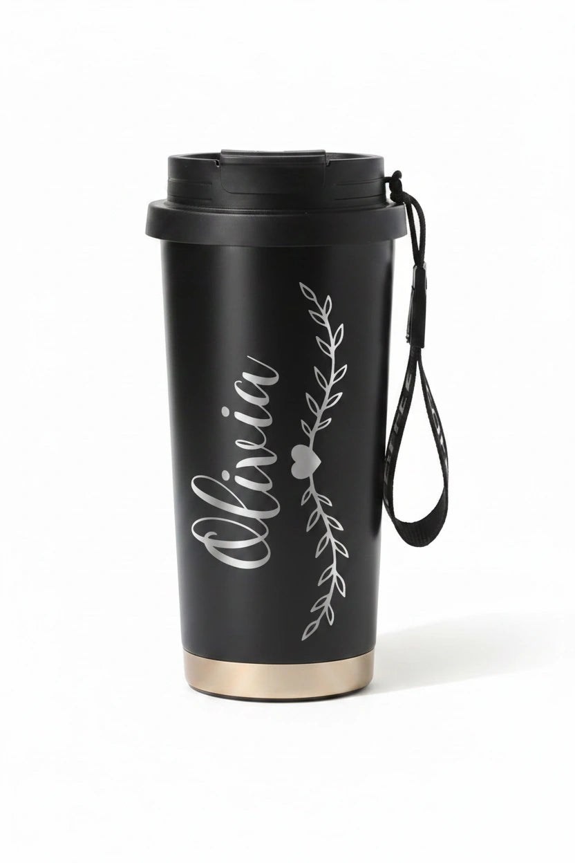 Personalized Vine & Heart Name Coffee Tumbler 17oz | Laser Engraved | Wrist Strap | Custom Gift for Her